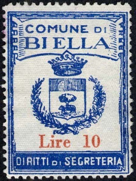Marca da Bollo del Comune di BIELLA su di dimensioni 26,5 x 36,5 mm