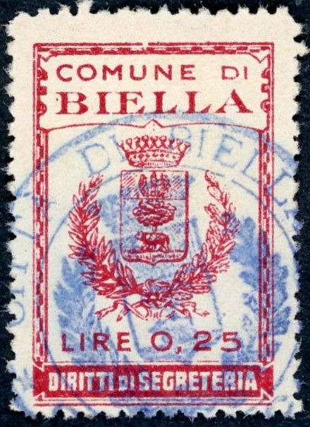 Marca da Bollo del Comune di BIELLA su Carta Bianca di dimensioni 21 X 32 mm