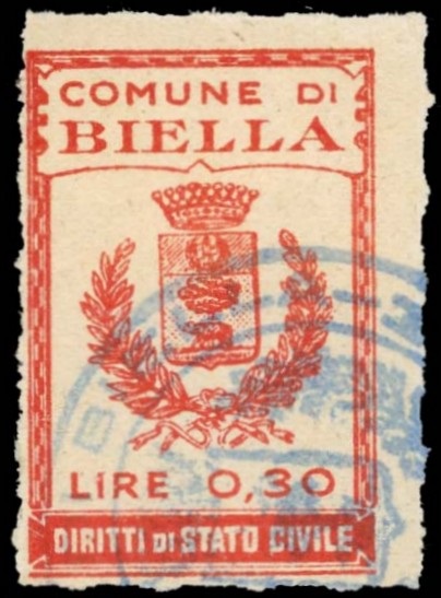 Marca da Bollo del Comune di BIELLA su Carta Bianca di dimensioni 22 X 33 mm