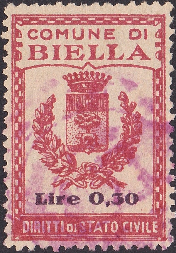 Marca da Bollo del Comune di BIELLA su Carta Bianca di dimensioni 22 X 33 mm