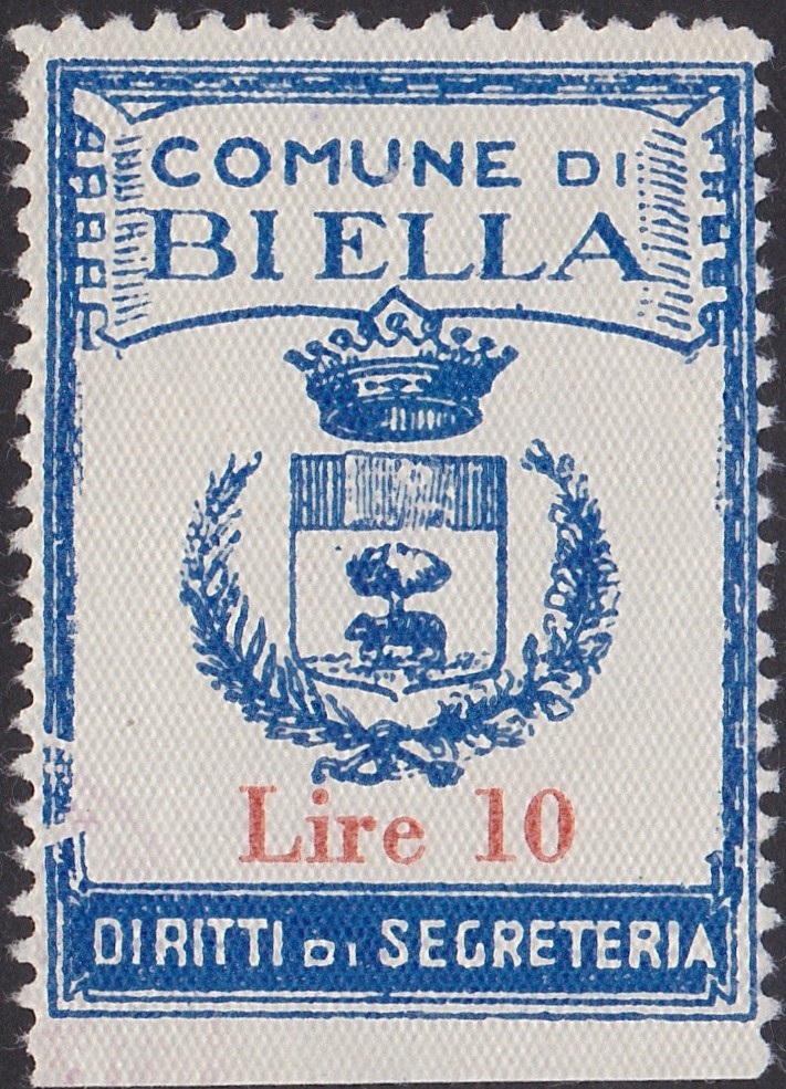 Marca da Bollo del Comune di BIELLA su Carta Bianca di dimensioni 26,5 x 36,5 mm