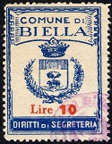 Marca da Bollo del Comune di BIELLA su Carta Bianca di dimensioni 27 X 36 mm