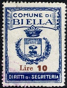 Marca da Bollo del Comune di BIELLA su Carta Bianca di dimensioni 27 x 36 mm
