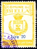 Marca da Bollo del Comune di BIELLA su Carta Bianca di dimensioni 27 X 36 mm