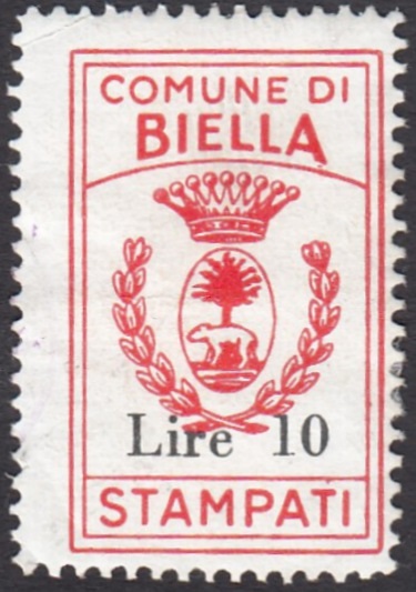 Marca da Bollo del Comune di BIELLA su Carta Bianca di dimensioni 21 x 33 mm