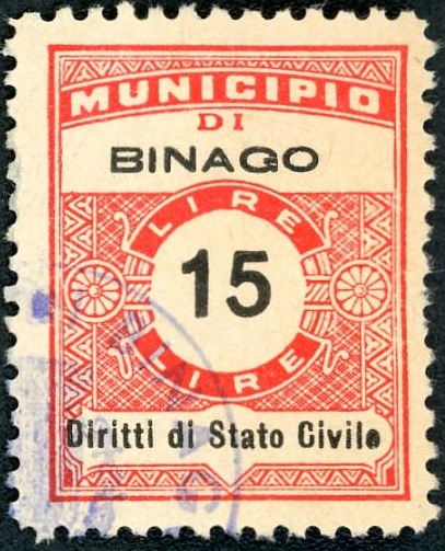 Marca da Bollo del Comune di BINAGO su Carta Bianca Sottile di dimensioni 22,5 x 29,5 mm