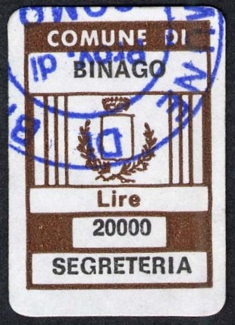 Marca da Bollo del Comune di BINAGO su Carta Bianca di dimensioni 18 x 27 mm