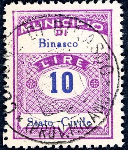 Marca da Bollo del Comune di BINASCO su Carta Bianca di dimensioni 22,5 x 29,5 mm