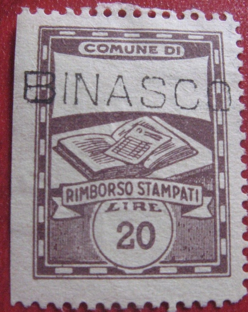 Marca da Bollo del Comune di BINASCO su Carta Bianca di dimensioni 21,5 x 28,5 mm