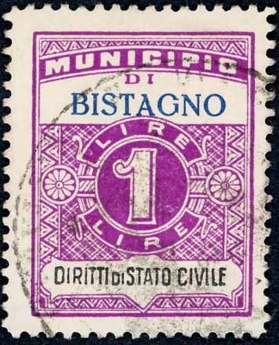 Marca da Bollo del Comune di BISTAGNO su Carta Bianca di dimensioni 22,5 x 29 mm