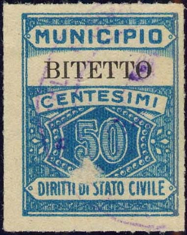 Marca da Bollo del Comune di BITETTO su Carta Bianca Sottile di dimensioni 22,5 x 29 mm
