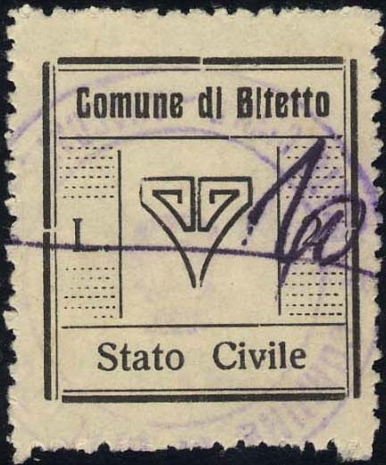 Marca da Bollo del Comune di BITETTO su Carta Bianca di dimensioni 25 x 27 mm