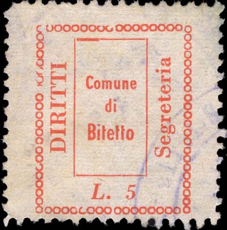 Marca da Bollo del Comune di BITETTO su Carta Bianca di dimensioni 20 x 24,5 mm