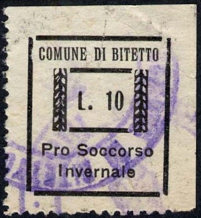 Marca da Bollo del Comune di BITETTO su Carta Bianca di dimensioni 18,5 x 22 mm
