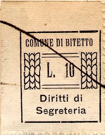 Marca da Bollo del Comune di BITETTO su Carta Bianca di dimensioni 19 x 22 mm