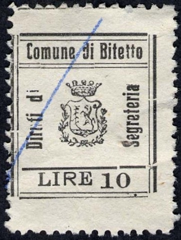 Marca da Bollo del Comune di BITETTO su Carta Bianca di dimensioni 20 x 22,5 mm