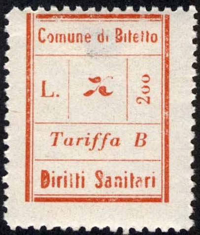 Marca da Bollo del Comune di BITETTO su Carta Bianca di dimensioni 20 x 27 mm