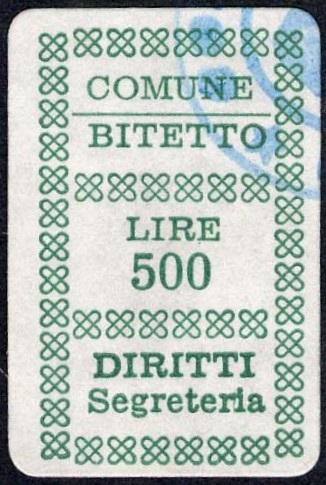 Marca da Bollo del Comune di BITETTO su Carta Bianca di dimensioni 22,5 x 29 mm