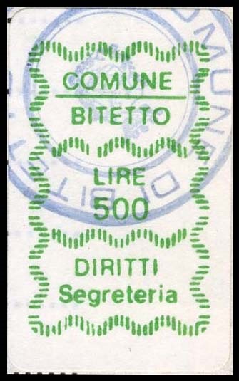 Marca da Bollo del Comune di BITETTO su Carta Bianca di dimensioni 18 x 29 mm