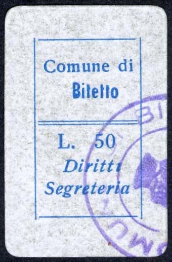 Marca da Bollo del Comune di BITETTO su Carta Bianca di dimensioni mm