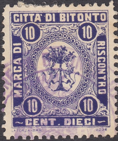 Marca da Bollo del Comune di BITONTO su Carta Bianca Sottile di dimensioni 21,5 x 26,5 mm