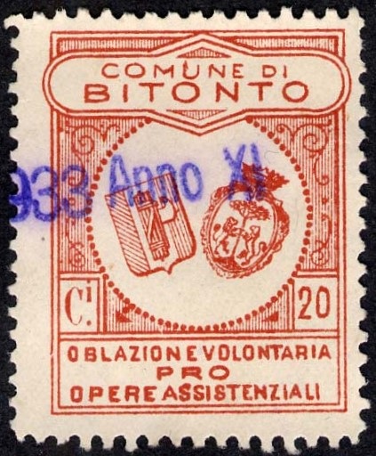 Marca da Bollo del Comune di BITONTO su Carta Bianca di dimensioni 23 X 30 mm