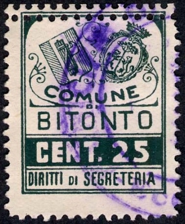 Marca da Bollo del Comune di BITONTO su Carta Bianca di dimensioni 20,5 x 26 mm