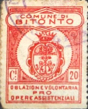 Marca da Bollo del Comune di BITONTO su Carta Bianca di dimensioni 23 x 29,5 mm
