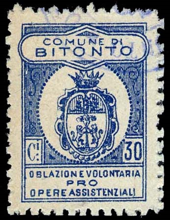 Marca da Bollo del Comune di BITONTO su Carta Bianca di dimensioni 18 X 25,5 mm
