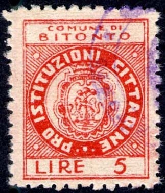Marca da Bollo del Comune di BITONTO su Carta Bianca di dimensioni 17 x 22 mm
