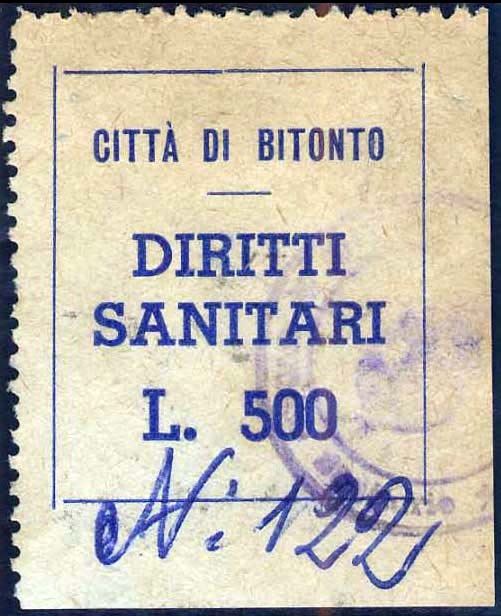Marca da Bollo del Comune di BITONTO su Carta Bianca di dimensioni mm