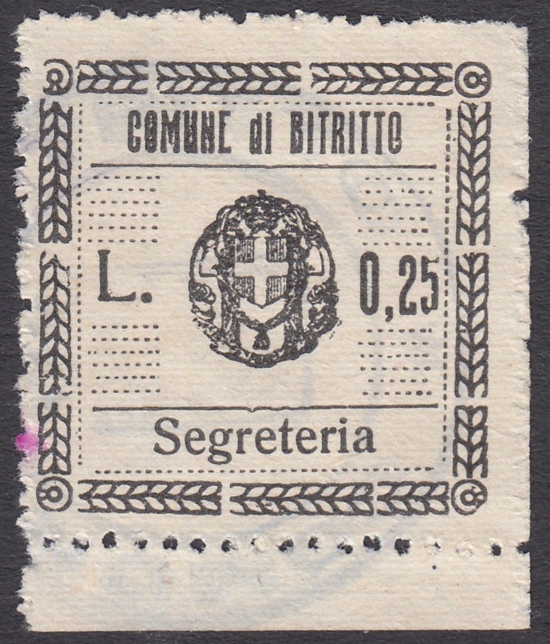 Marca da Bollo del Comune di BITRITTO su Carta Bianca Sottile di dimensioni 24,5 x 27 mm