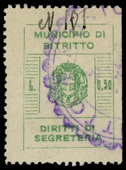 Marca da Bollo del Comune di BITRITTO su Carta Bianca di dimensioni 24,5 X 130 mm