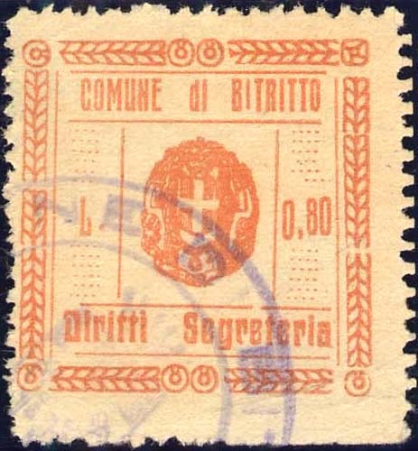 Marca da Bollo del Comune di BITRITTO su Carta Bianca Sottile di dimensioni 27 x 27 mm