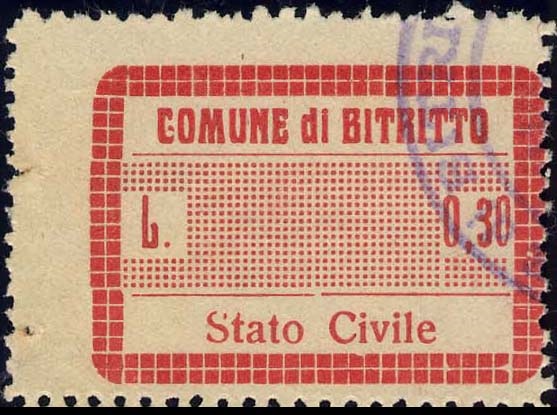 Marca da Bollo del Comune di BITRITTO su Carta Bianca di dimensioni 31 x 25 mm