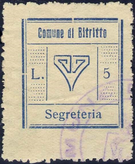 Marca da Bollo del Comune di BITRITTO su Carta Bianca di dimensioni 24,5 x 27 mm