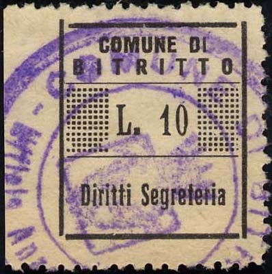 Marca da Bollo del Comune di BITRITTO su Carta Bianca di dimensioni 19 x 21,5 mm