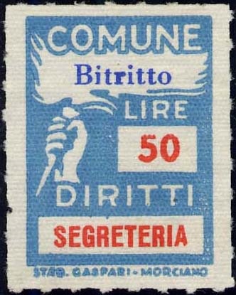 Marca da Bollo del Comune di BITRITTO su Carta Bianca di dimensioni 18,5 x 26 mm