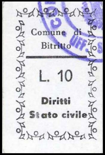 Marca da Bollo del Comune di BITRITTO su Carta Bianca di dimensioni 18 x 29 mm