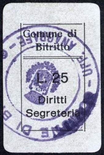 Marca da Bollo del Comune di BITRITTO su Carta Bianca di dimensioni 16 x 23 mm