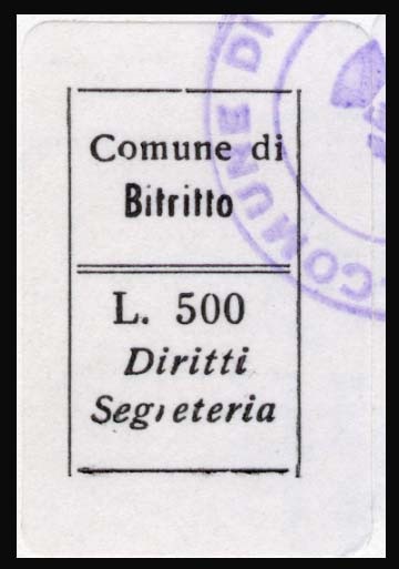 Marca da Bollo del Comune di BITRITTO su Carta Bianca di dimensioni 14,5 x 22 mm