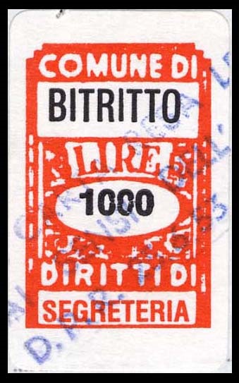 Marca da Bollo del Comune di BITRITTO su Carta Bianca di dimensioni mm