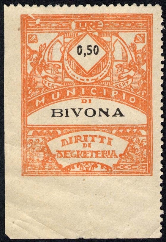 Marca da Bollo del Comune di BIVONA su Carta Bianca di dimensioni 29,5 x 36,5 mm