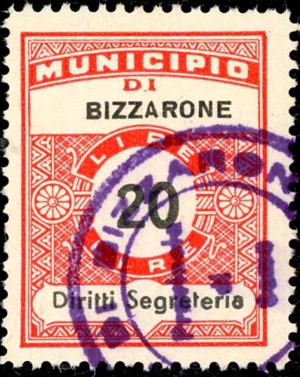 Marca da Bollo del Comune di BIZZARONE su Carta Bianca Sottile di dimensioni 22,5 x 29 mm
