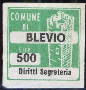 Marca da Bollo del Comune di BLEVIO su Carta Bianca di dimensioni 20 x 20 mm