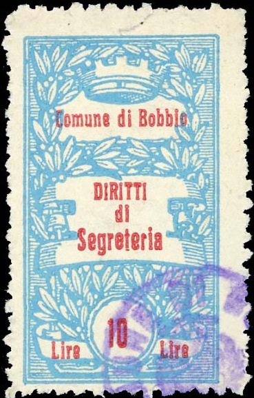 Marca da Bollo del Comune di BOBBIO su Carta Bianca Sottile di dimensioni 20 x 35,5 mm