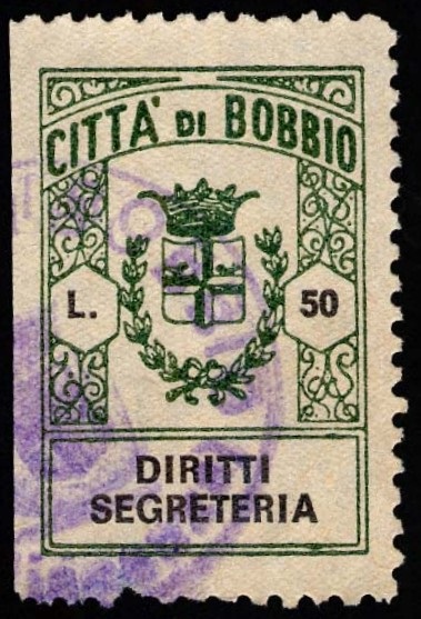 Marca da Bollo del Comune di BOBBIO su Carta Bianca di dimensioni mm