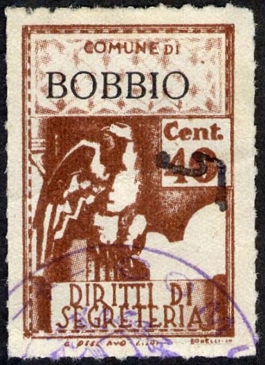 Marca da Bollo del Comune di BOBBIO su Carta Bianca di dimensioni 21 X 32 mm
