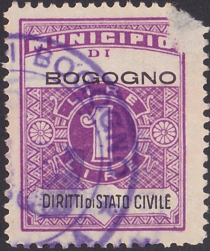 Marca da Bollo del Comune di BOGOGNO su Carta Bianca di dimensioni 22 x 29 mm