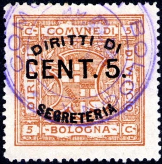Marca da Bollo del Comune di BOLOGNA su Carta Bianca di dimensioni 28 x 28 mm